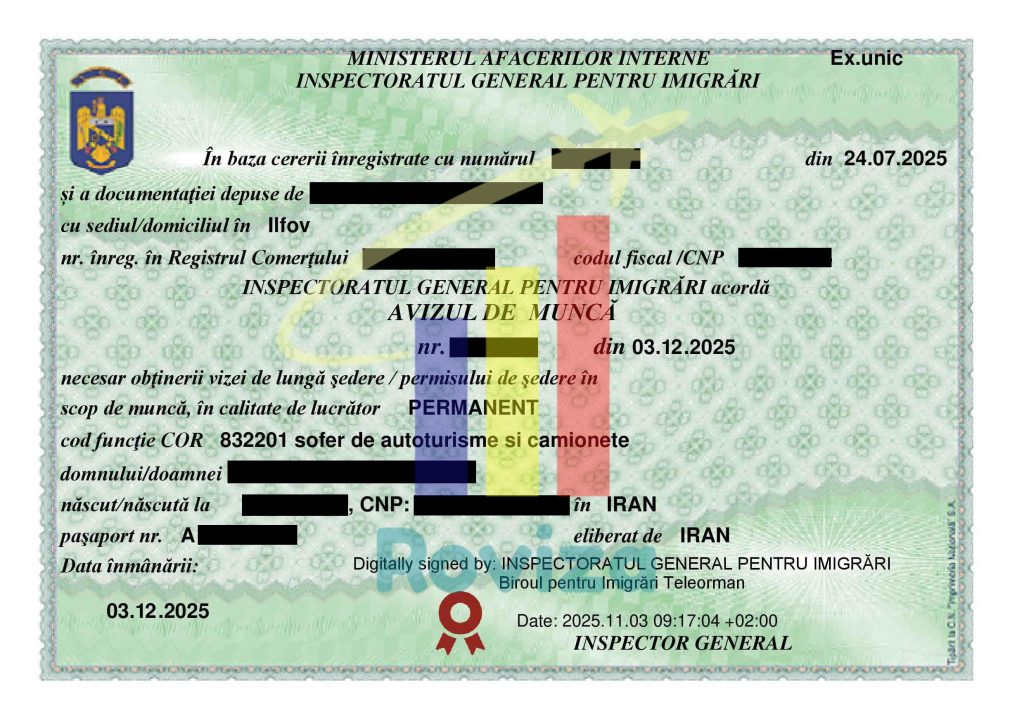 نمونه مجوز کاری رومانی 2025